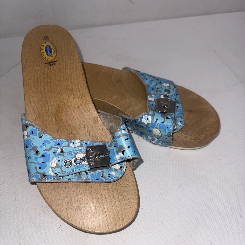 Vintage Y2K Dr. Scholl's Original Exercise Leather Wood Italy Floral Sandals 8